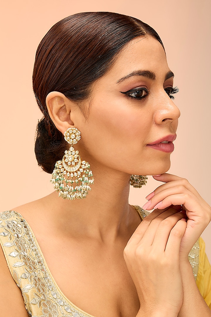 Gold Finish Kundan Polki & Green Onyx Chandbali Earrings by Preeti Mohan at Pernia's Pop Up Shop