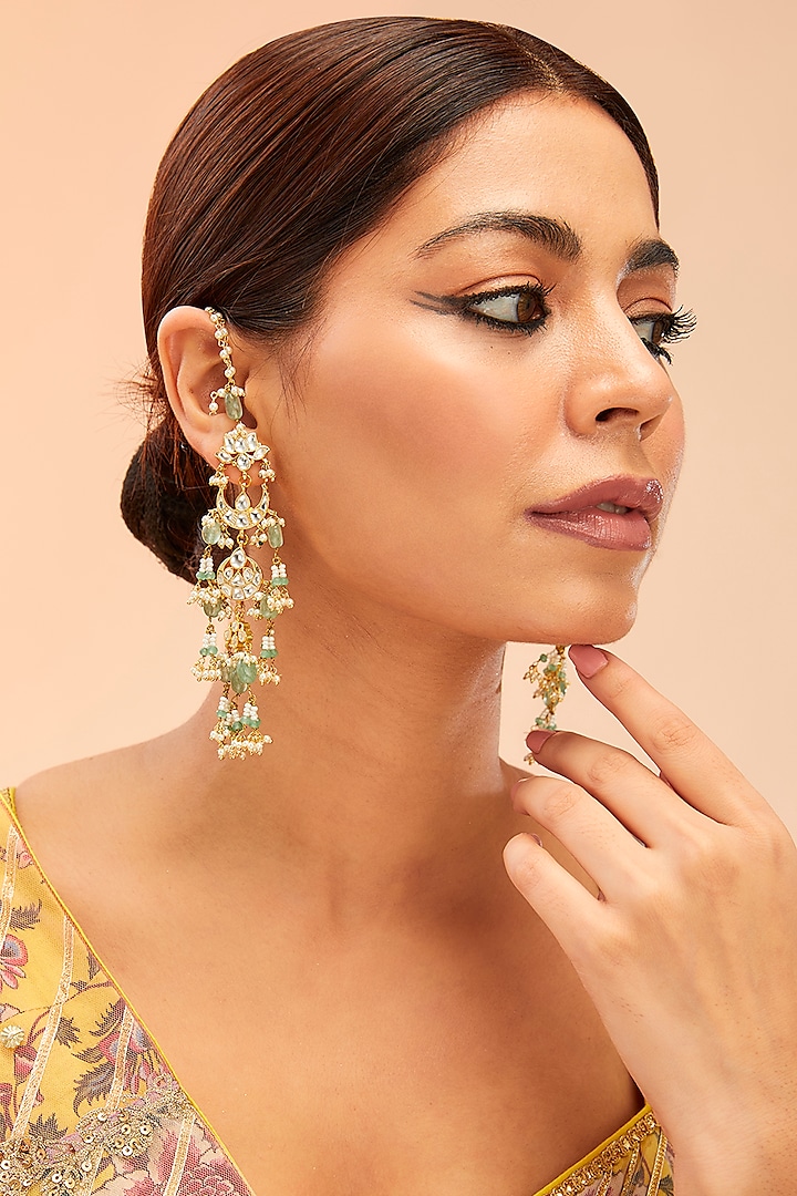 Gold Finish Kundan Polki & Green Onyx Dangler Earrings by Preeti Mohan at Pernia's Pop Up Shop