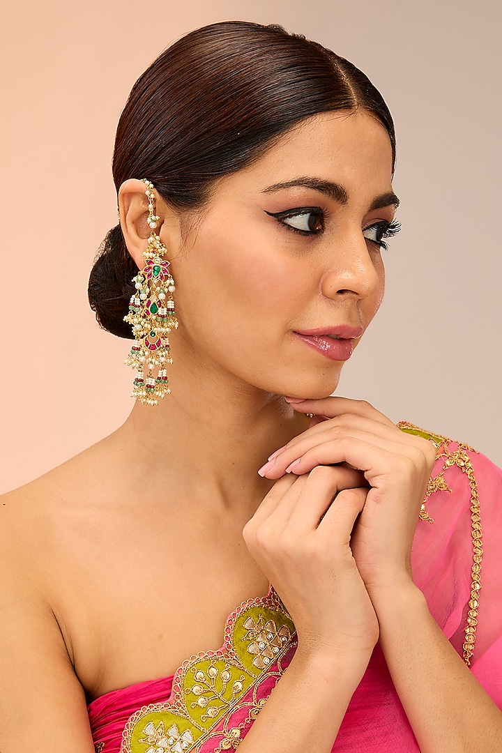 Gold Finish Kundan Polki & Pearl Drop Dangler Earrings by Preeti Mohan at Pernia's Pop Up Shop