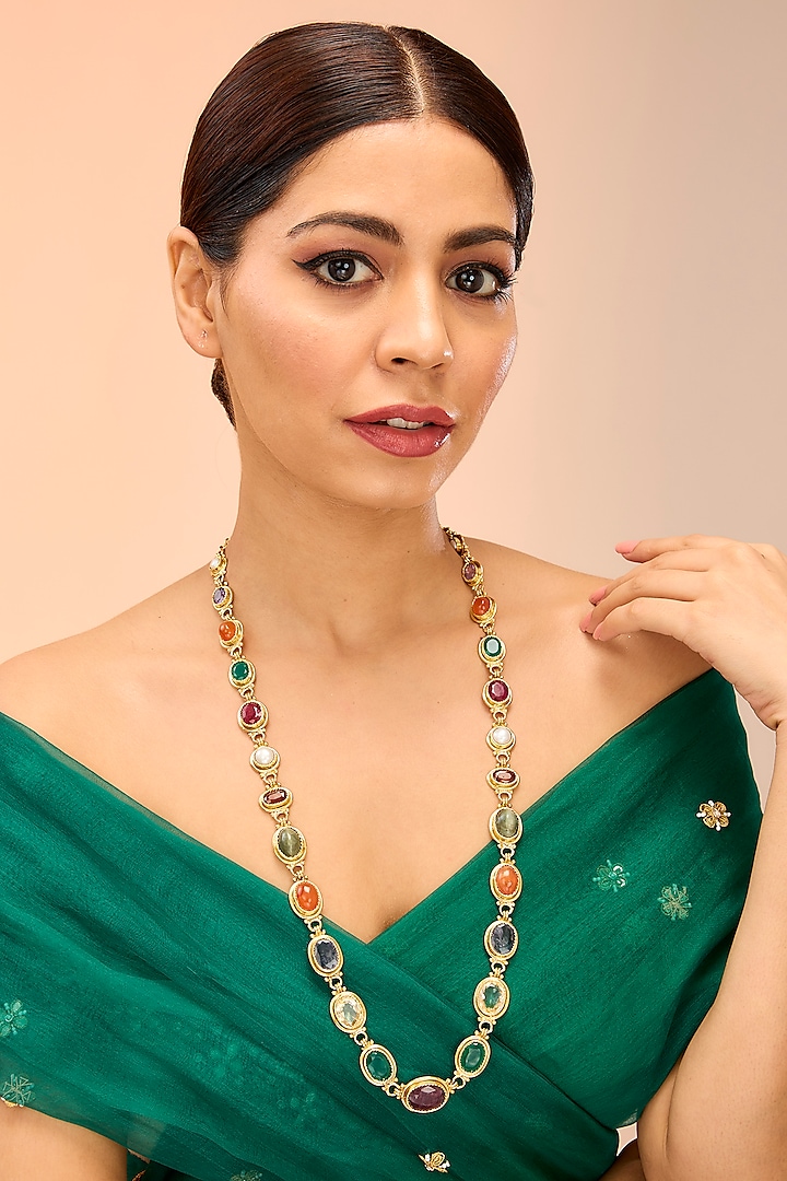 Gold Finish Kundan Polki & Navratna Stone Long Necklace by Preeti Mohan at Pernia's Pop Up Shop