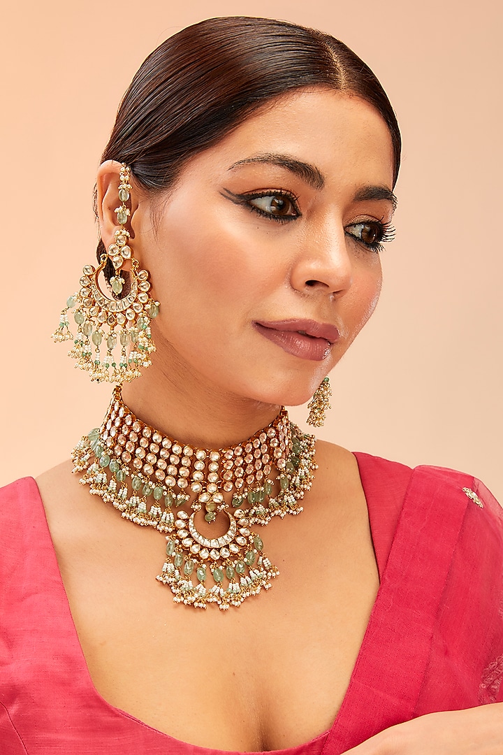 Gold Finish Kundan Polki & Green Onyx Drop Choker Necklace Set by Preeti Mohan