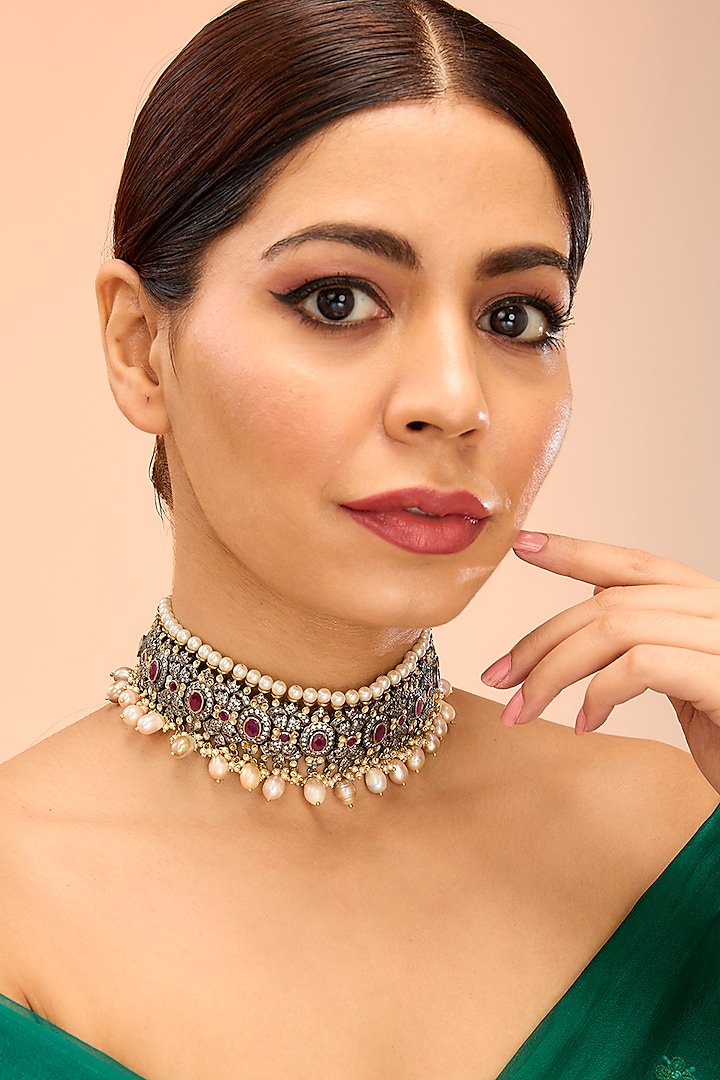 Black Rhodium Finish Ruby & Zircon Choker Necklace by Preeti Mohan at Pernia's Pop Up Shop