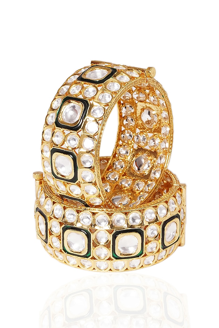 Gold Plated Green Stone Bangles (Set Of 2) by Preeti Mohan at Pernia's Pop Up Shop