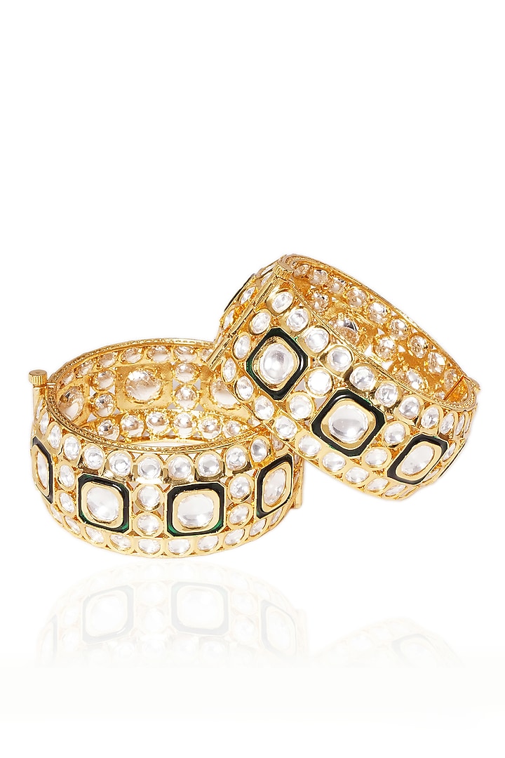 Gold Plated Green Stone Bangles (Set Of 2) by Preeti Mohan at Pernia's Pop Up Shop
