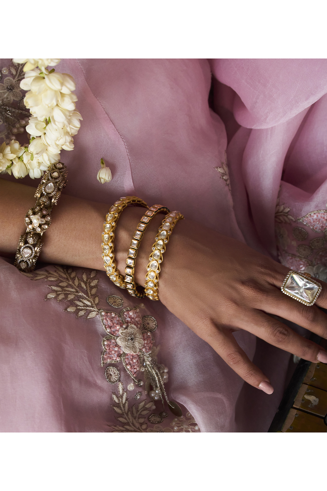 Gold Plated Green Stone Bangles (Set Of 2) by Preeti Mohan at Pernia's Pop Up Shop
