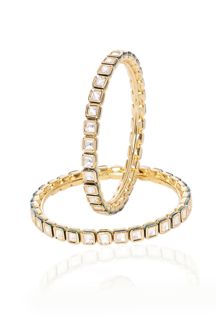 Gold Plated Green Stone Bangles (Set Of 2) by Preeti Mohan at Pernia's Pop Up Shop