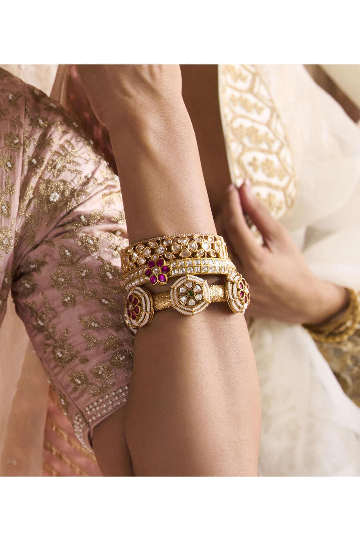 Gold Plated Red Stone Bangles (Set Of 2) by Preeti Mohan at Pernia's Pop Up Shop