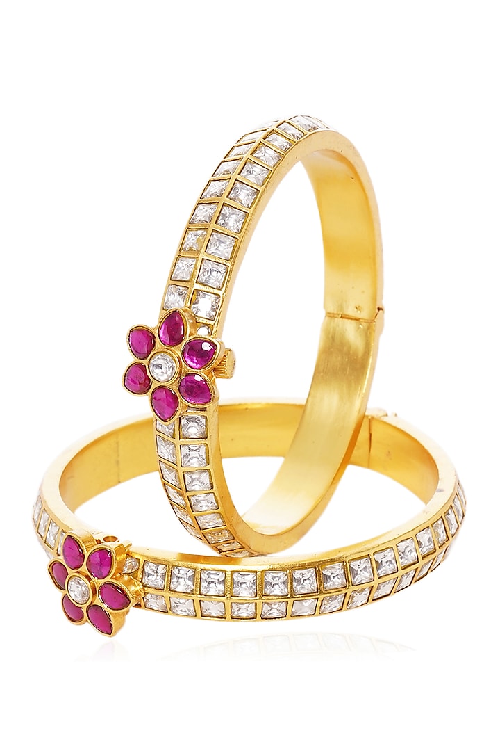 Gold Plated Red Stone Bangles (Set Of 2) by Preeti Mohan at Pernia's Pop Up Shop
