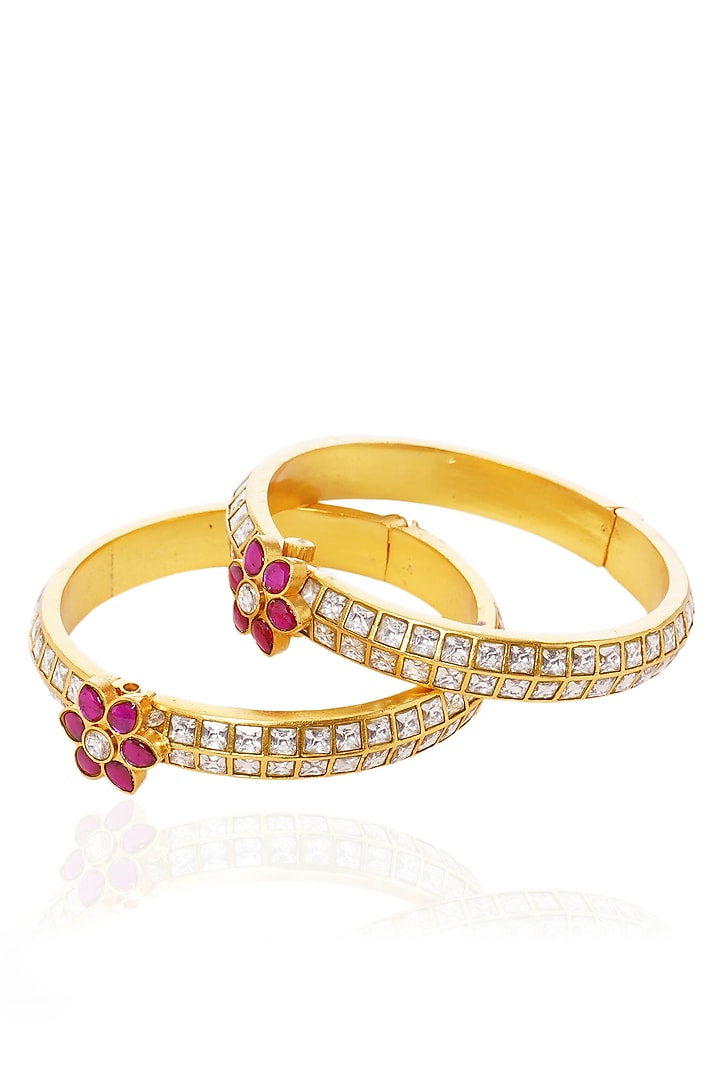 Gold Plated Red Stone Bangles (Set Of 2) by Preeti Mohan at Pernia's Pop Up Shop