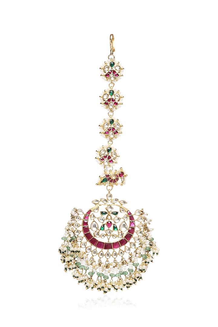Gold Plated Green Onyx & Pearl Maangtikka by Preeti Mohan at Pernia's Pop Up Shop