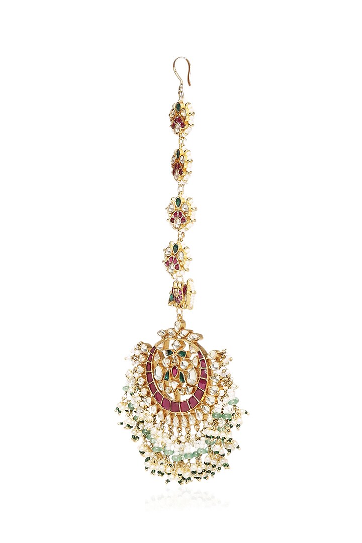 Gold Plated Green Onyx & Pearl Maangtikka by Preeti Mohan at Pernia's Pop Up Shop