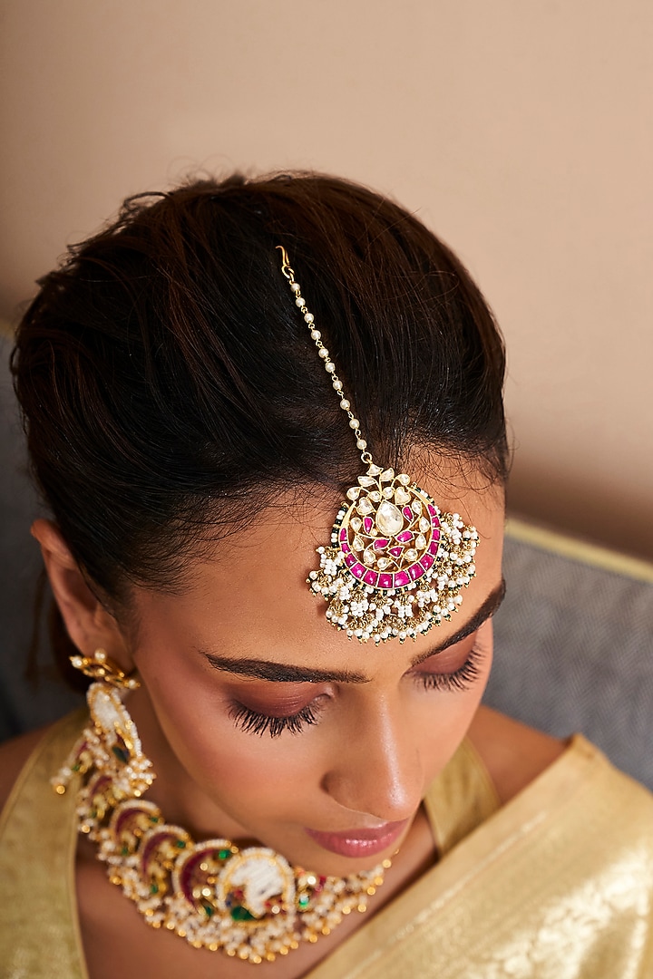 Gold Plated Green Onyx & Pearl Maangtikka by Preeti Mohan at Pernia's Pop Up Shop