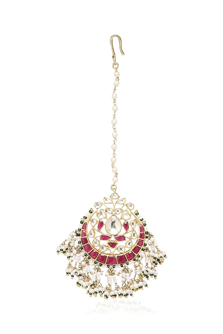 Gold Plated Green Onyx & Pearl Maangtikka by Preeti Mohan at Pernia's Pop Up Shop