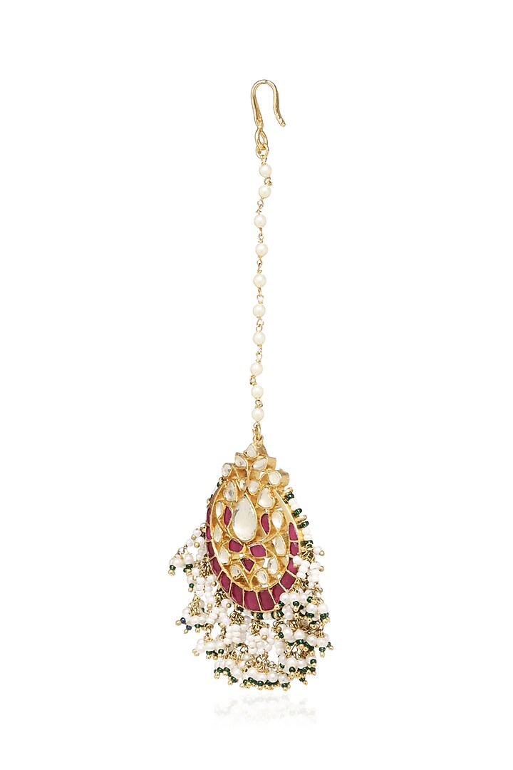 Gold Plated Green Onyx & Pearl Maangtikka by Preeti Mohan at Pernia's Pop Up Shop