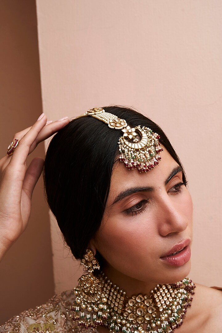 Gold Plated Green Onyx & Ruby Stone Maangtikka by Preeti Mohan at Pernia's Pop Up Shop
