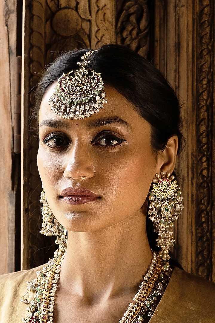 Gold Plated Green Onyx & Pearl Maangtikka by Preeti Mohan at Pernia's Pop Up Shop