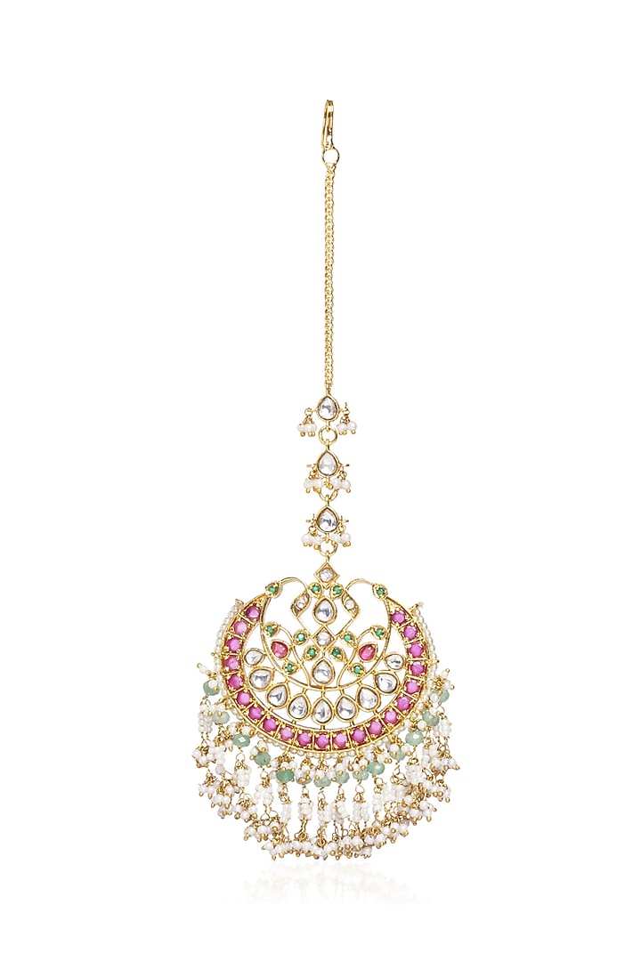 Gold Plated Green Onyx & Pearl Maangtikka by Preeti Mohan at Pernia's Pop Up Shop