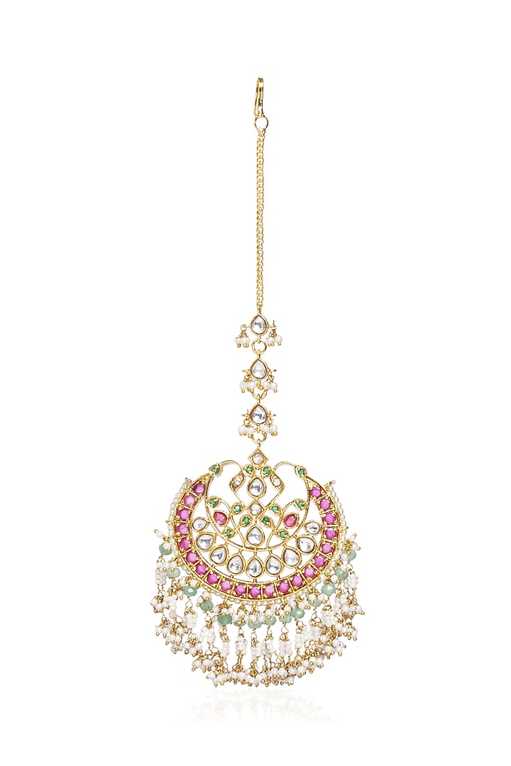Gold Plated Green Onyx & Pearl Maangtikka by Preeti Mohan at Pernia's Pop Up Shop