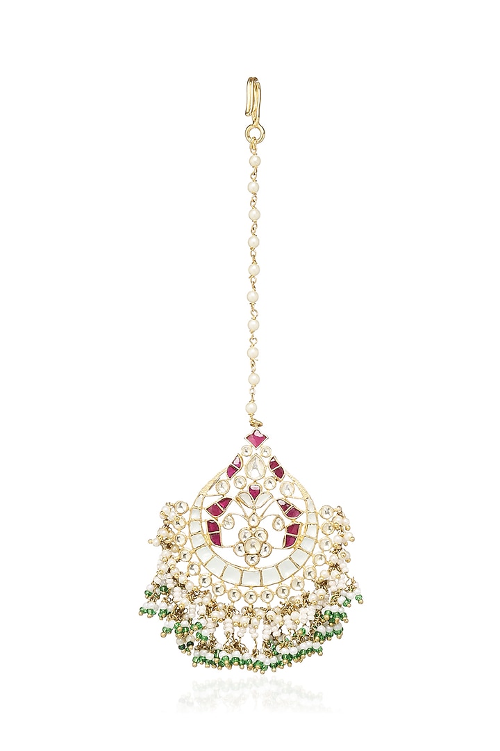 Gold Plated Green Onyx & Pearl Maangtikka by Preeti Mohan at Pernia's Pop Up Shop