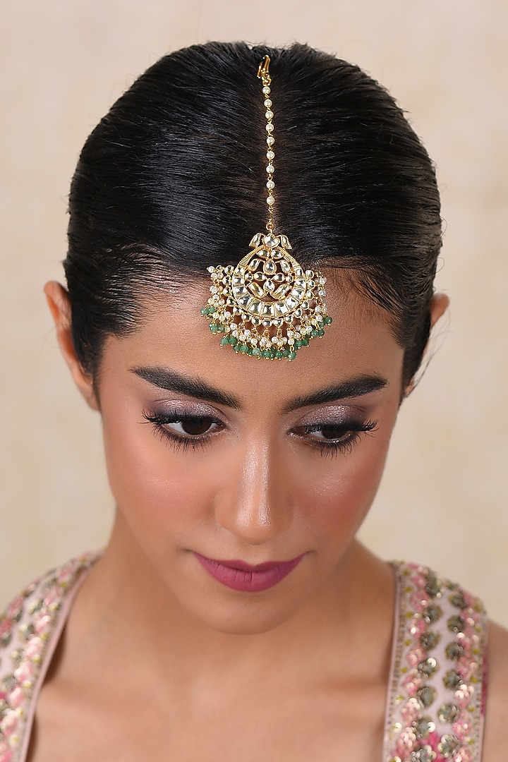 Gold Plated Green Onyx & Pearl Maangtikka by Preeti Mohan at Pernia's Pop Up Shop