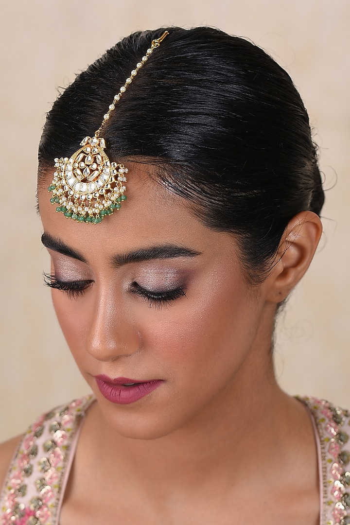 Gold Plated Green Onyx & Pearl Maangtikka by Preeti Mohan at Pernia's Pop Up Shop