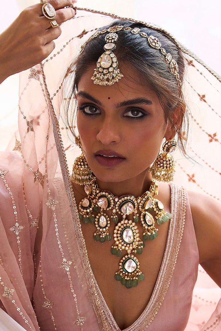 Gold Plated Green Onyx & Pearl Maangtikka by Preeti Mohan at Pernia's Pop Up Shop