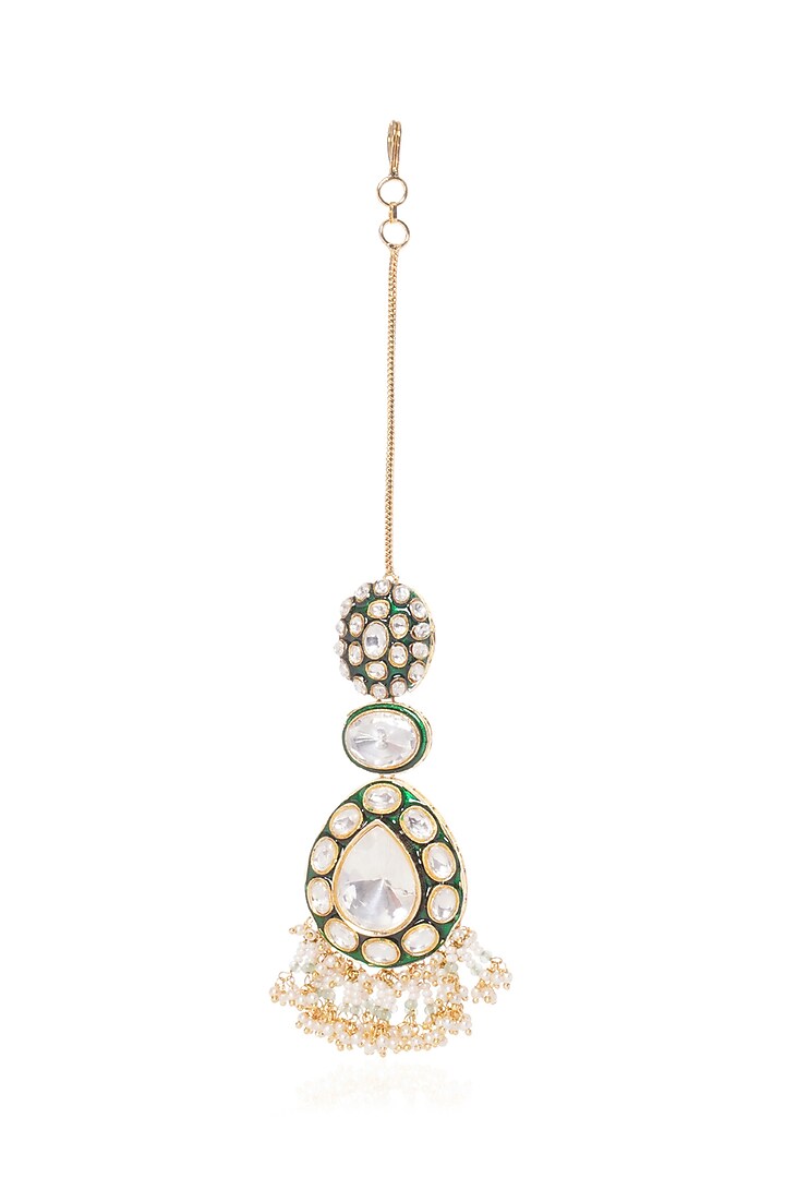 Gold Plated Green Onyx & Pearl Maangtikka by Preeti Mohan at Pernia's Pop Up Shop