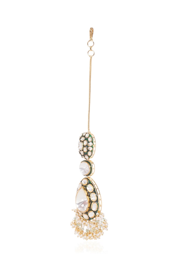 Gold Plated Green Onyx & Pearl Maangtikka by Preeti Mohan at Pernia's Pop Up Shop