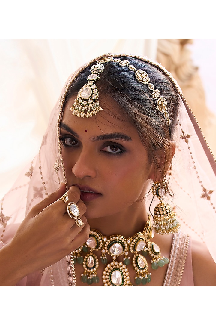 Gold Plated Green Onyx & Pearl Maangtikka by Preeti Mohan at Pernia's Pop Up Shop