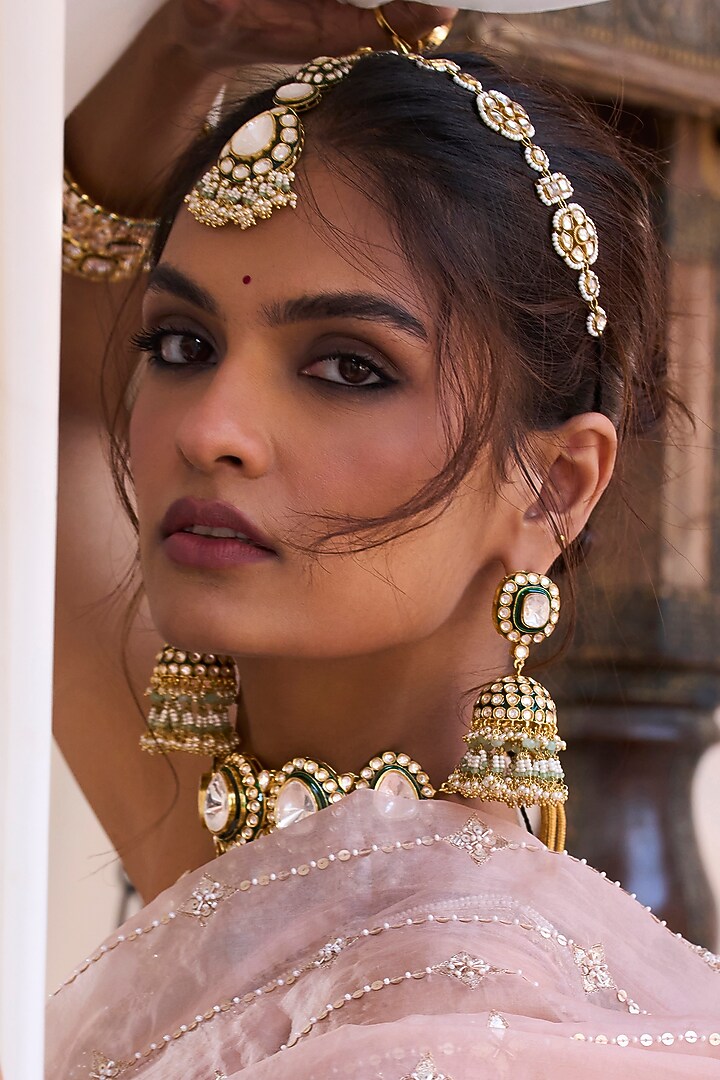 Gold Plated Green Onyx & Pearl Maangtikka by Preeti Mohan at Pernia's Pop Up Shop
