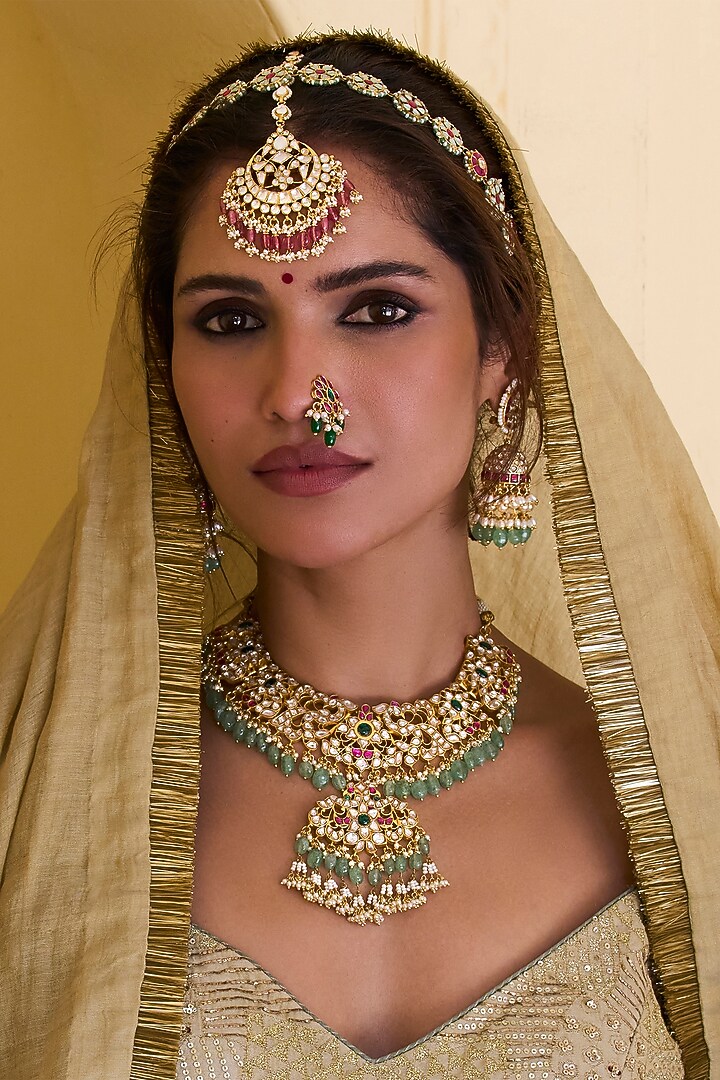 Gold Plated Pink Tourmaline Maangtikka by Preeti Mohan at Pernia's Pop Up Shop