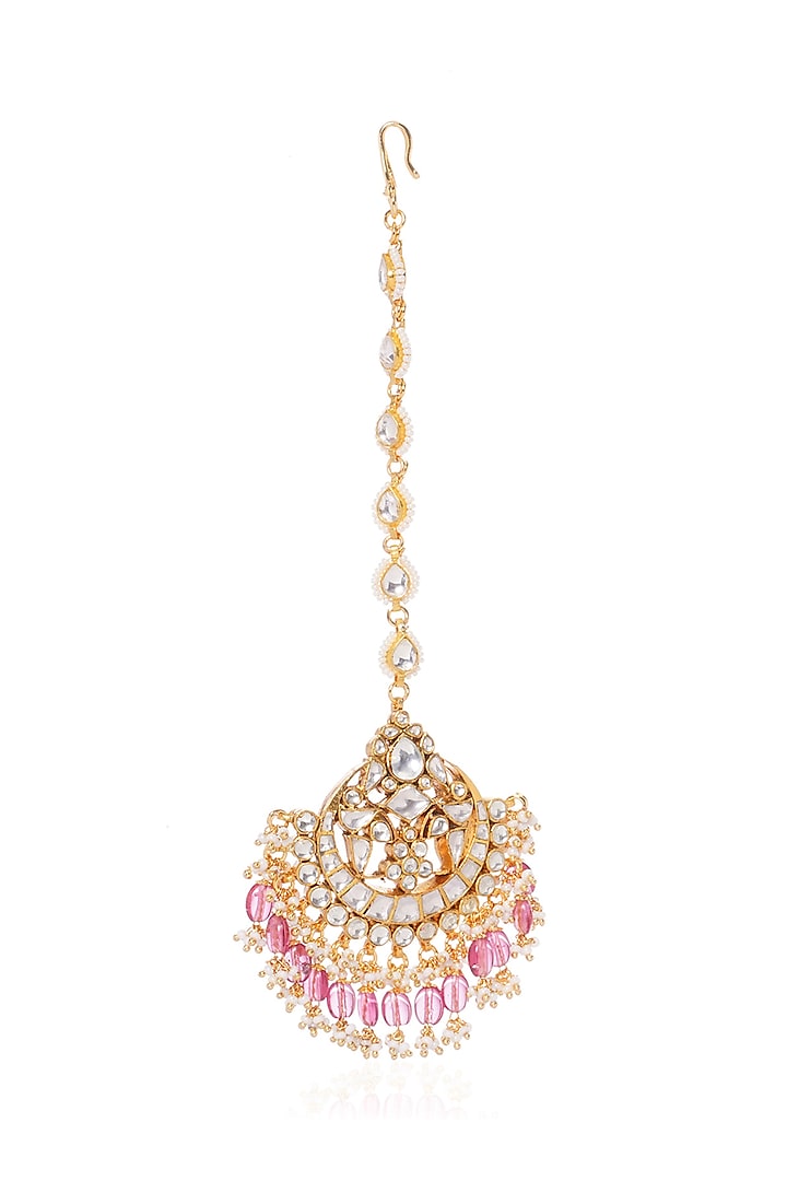 Gold Plated Pink Tourmaline Maangtikka by Preeti Mohan at Pernia's Pop Up Shop
