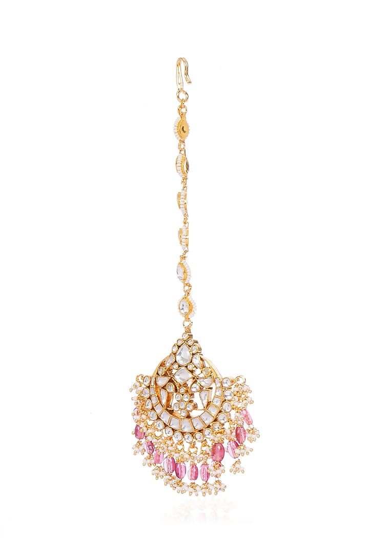 Gold Plated Pink Tourmaline Maangtikka by Preeti Mohan at Pernia's Pop Up Shop