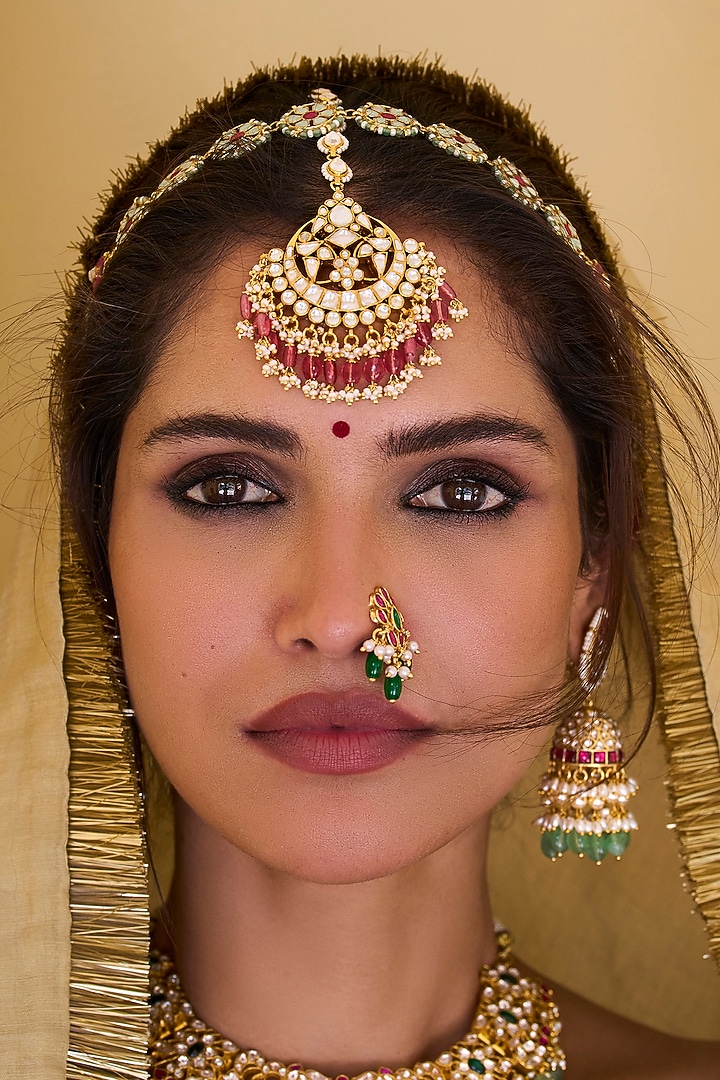 Gold Plated Pink Tourmaline Maangtikka by Preeti Mohan at Pernia's Pop Up Shop