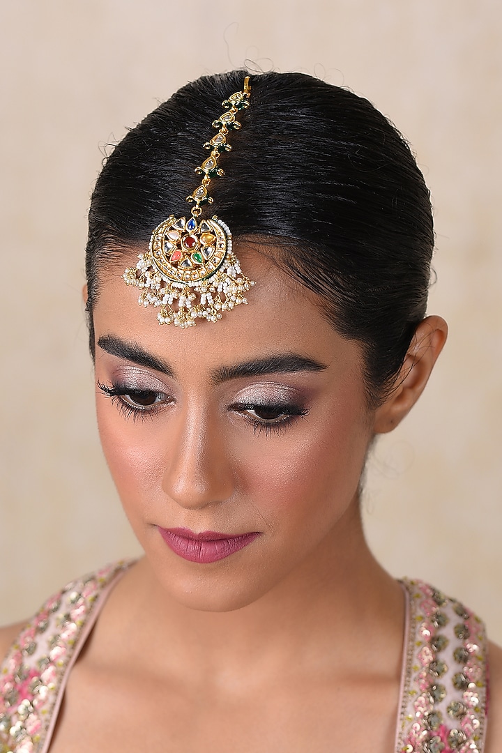 Gold Plated Pearl & Navratna Stone Maangtikka by Preeti Mohan at Pernia's Pop Up Shop