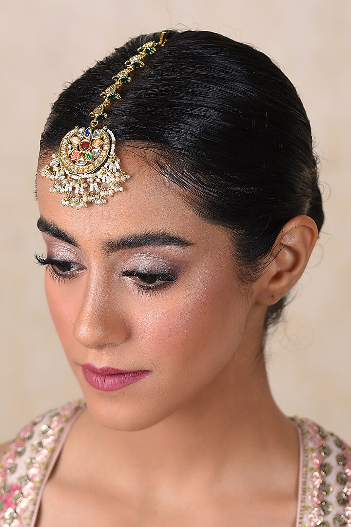 Gold Plated Pearl & Navratna Stone Maangtikka by Preeti Mohan at Pernia's Pop Up Shop