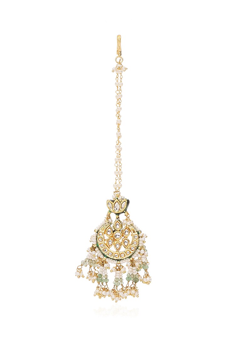 Gold Plated Pearl & Green Stone Maangtikka by Preeti Mohan at Pernia's Pop Up Shop