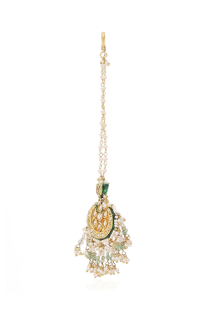 Gold Plated Pearl & Green Stone Maangtikka by Preeti Mohan at Pernia's Pop Up Shop