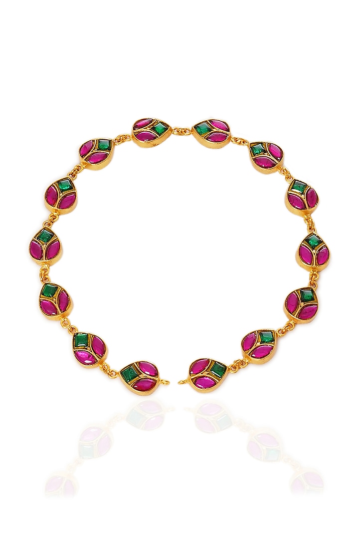 Gold Plated Red & Green Stone Sheesh Patti by Preeti Mohan at Pernia's Pop Up Shop