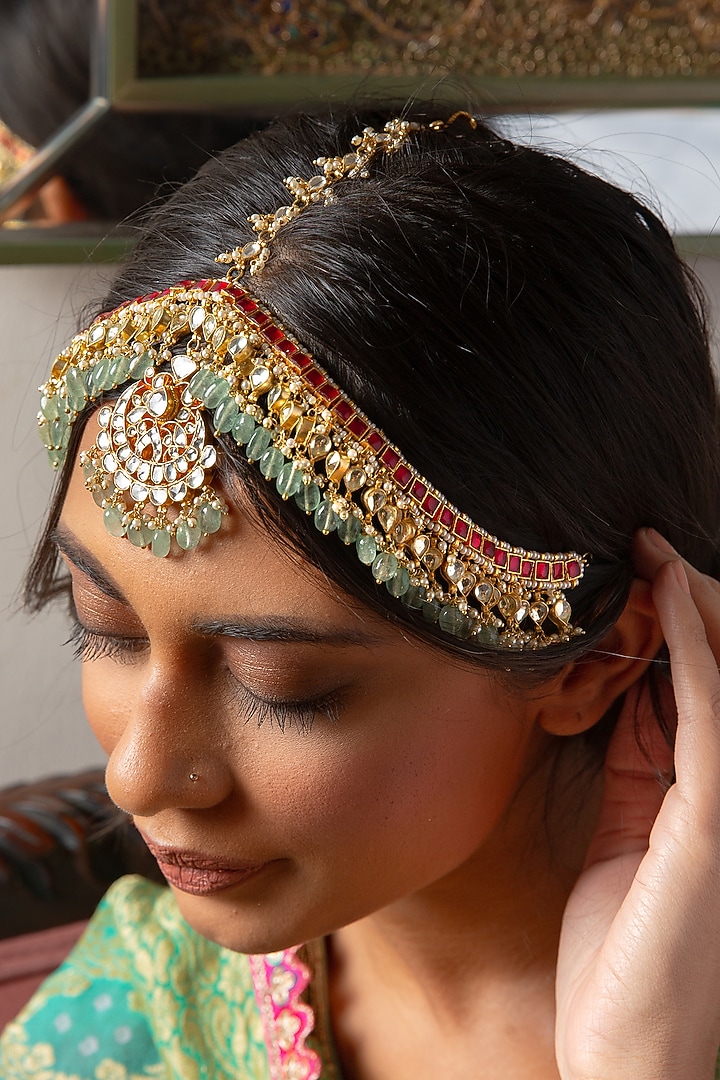 Gold Plated Green Onyx & Pearl Mathapatti by Preeti Mohan at Pernia's Pop Up Shop