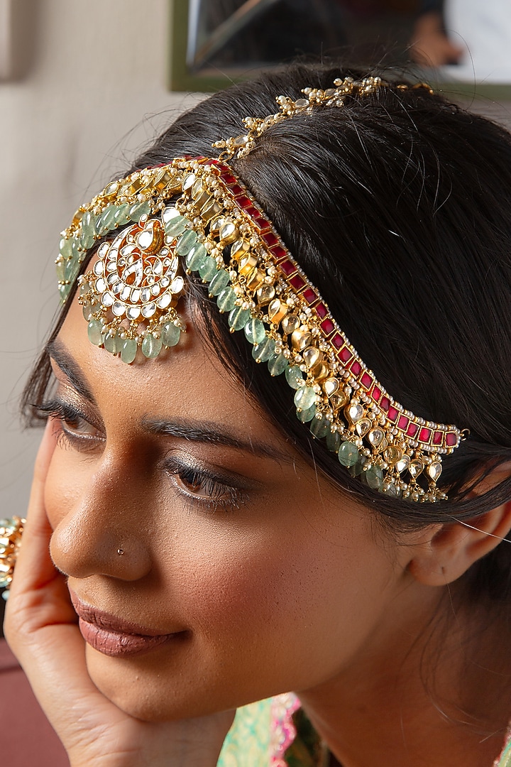 Gold Plated Green Onyx & Pearl Mathapatti by Preeti Mohan at Pernia's Pop Up Shop