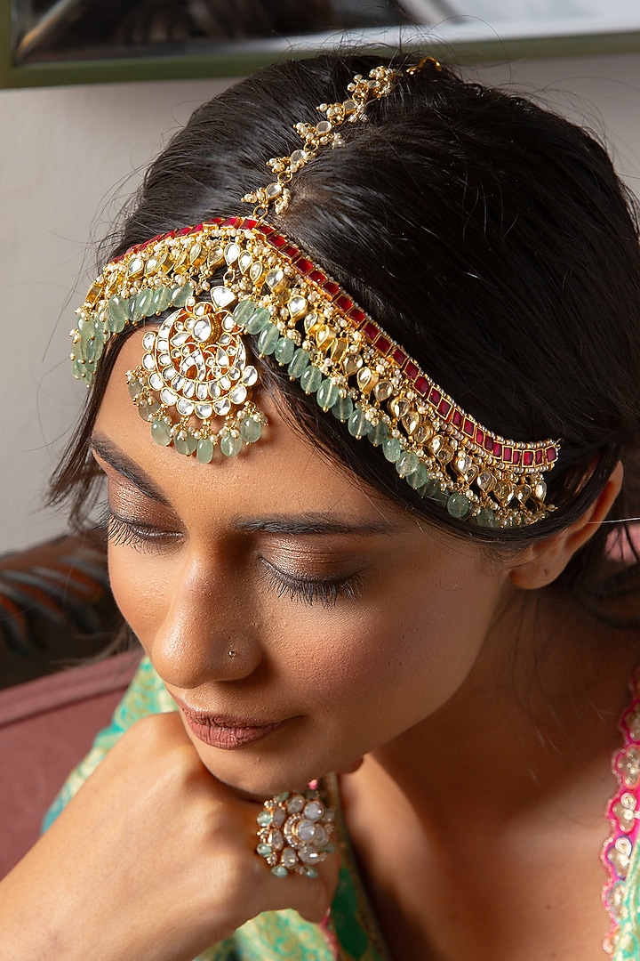 Gold Plated Green Onyx & Pearl Mathapatti by Preeti Mohan at Pernia's Pop Up Shop