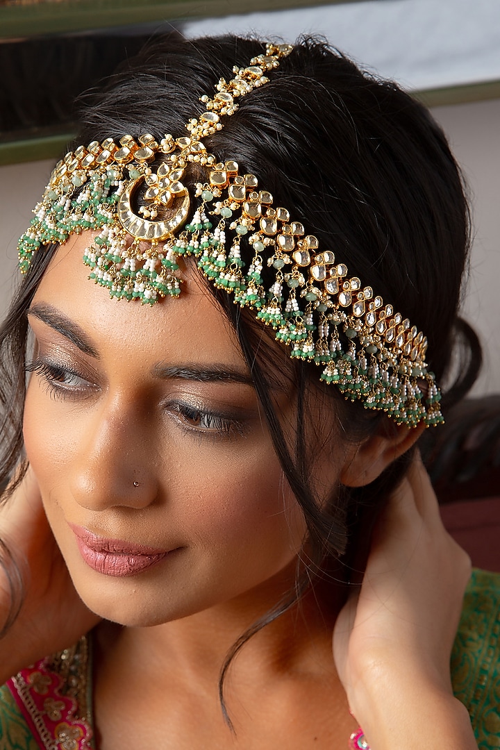 Gold Plated Green Onyx & Pearl Mathapatti by Preeti Mohan at Pernia's Pop Up Shop