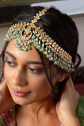 Gold Plated Green Onyx & Pearl Mathapatti by Preeti Mohan