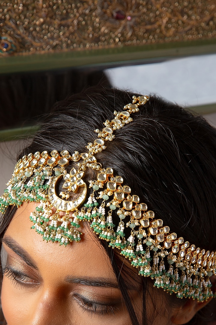 Gold Plated Green Onyx & Pearl Mathapatti by Preeti Mohan at Pernia's Pop Up Shop
