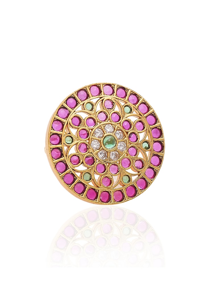 Gold Plated Pink & Green Stone Ring by Preeti Mohan at Pernia's Pop Up Shop