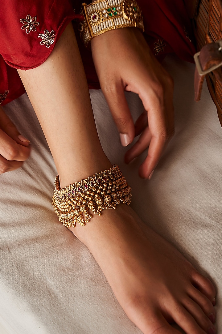 Gold Plated Brass Anklets (Set Of 2) by Preeti Mohan at Pernia's Pop Up Shop