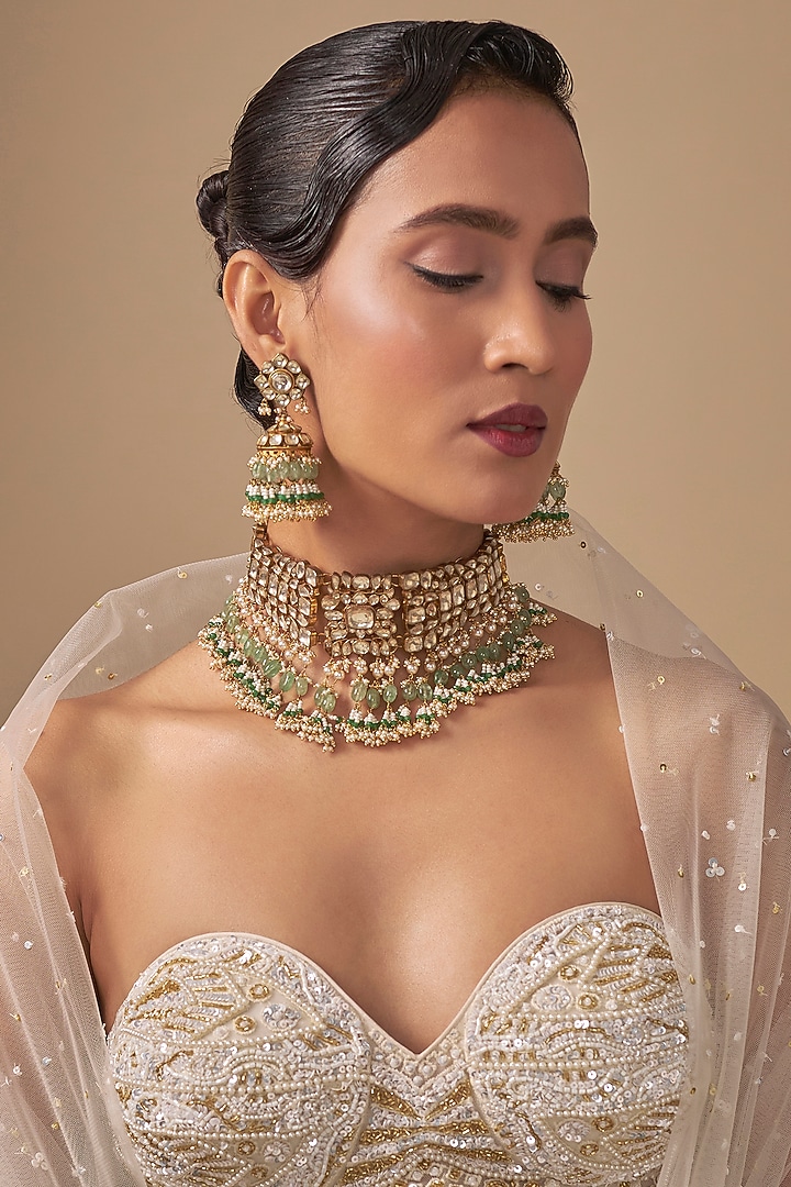 Gold Finish Kundan Polki & Green Stone Choker Necklace Set by Preeti Mohan at Pernia's Pop Up Shop