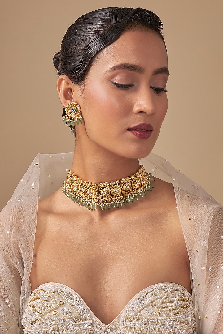 Gold Finish Kundan Polki & Mint Green Stone Choker Necklace Set by Preeti Mohan at Pernia's Pop Up Shop