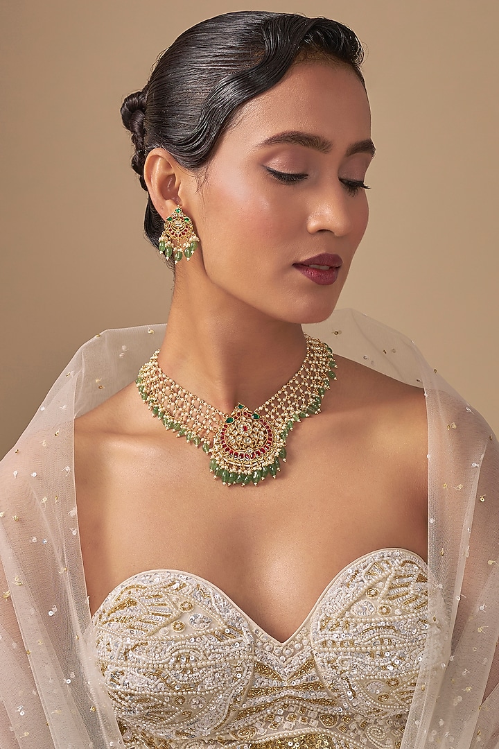 Gold Finish Kundan Polki & Mint Green Stone Choker Necklace Set by Preeti Mohan at Pernia's Pop Up Shop